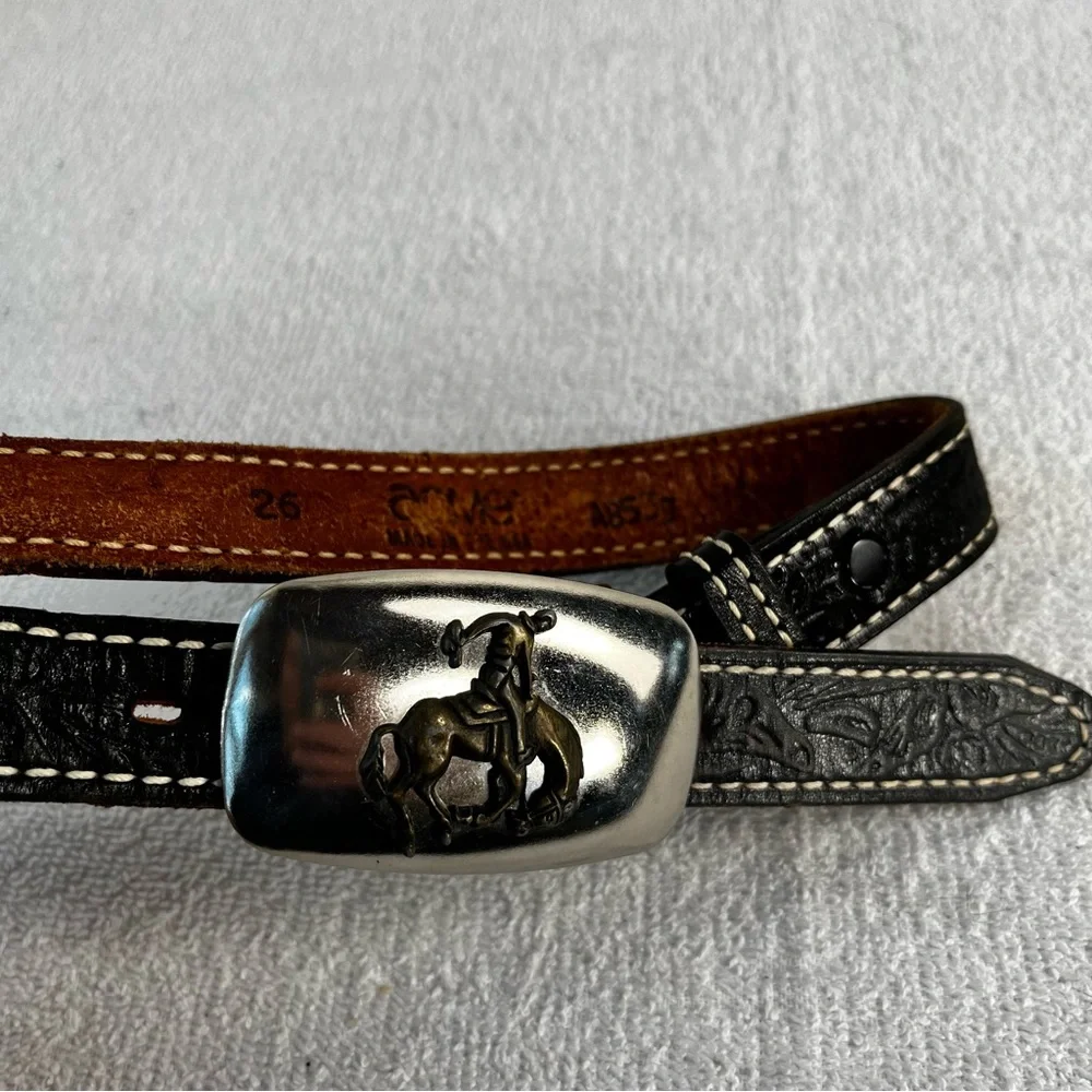 Acme Vintage Brown Leather Belt 26 With Bucking Bronc Cowboy Buckle made in USA
